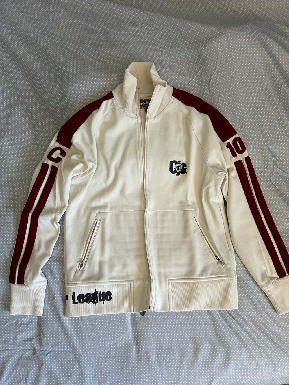 US Brand Men's White Track Jacket with Burgundy Stripe Accents